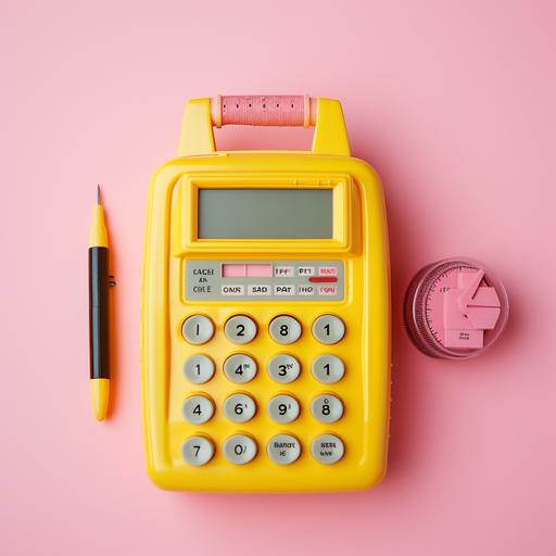 calculator and 35mm film camera. pink matte plastic. photo studio with bright yellow lighting. cool tones. retro