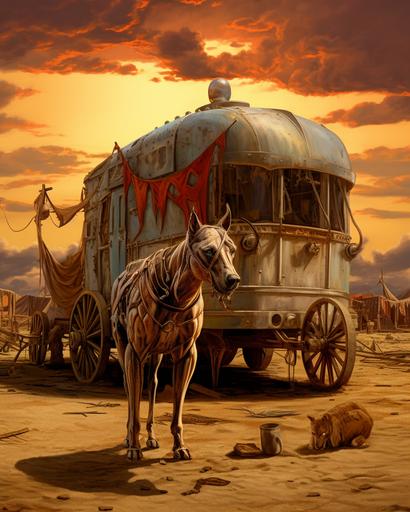 ᲼ ᲼ ᲼ ᲼ ᲼ FallonRayArt ᲼ ᲼ ᲼ ᲼ ᲼ ::0 ᲼ ᲼ 1930s traveling circus caravan wagon, cerberus stands near, great depression dustbowl surreal background --ar 8:10 --v 5.2