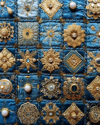 ᲼ ᲼ ᲼ ᲼ ᲼ FallonRayArt ᲼ ᲼ ᲼ ᲼ ᲼ ::0 ᲼ ᲼ traditional Turkish tile quilt, gold and silver thread, velvet, gold leaf, filigree --ar 8:10 --v 5.1