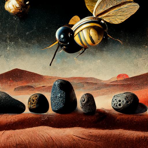 bee and stones on mars, ultra realistic, high details, surrealism art, salvador dali style, wallpaper, illustration