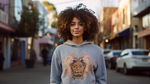 cute black girl, 20s, natural hair, normcore, sinusoidal graphic sweatshirt, light skin, street photography, oakland california, 2023, sony a7iv, fe 50mm f1.4 --ar 16:9