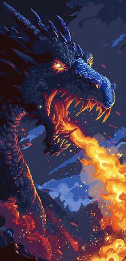 pixel art of an evil blue dragon breathing fire, black and yellow flames, red border around the dragon, background is dark grey with some purple clouds, close up pixel art in the style of an unknown artist. --ar 31:64 --v 6.0