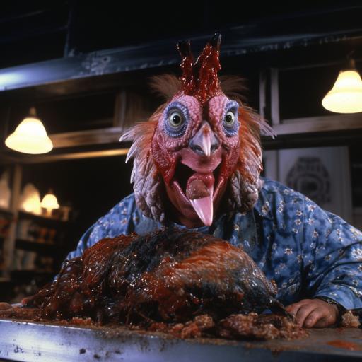 poultrygeist, troma movie about a poltergeist dead chicken, revenge on a fast food restaurant, shock comedy, b movie special effects, funny