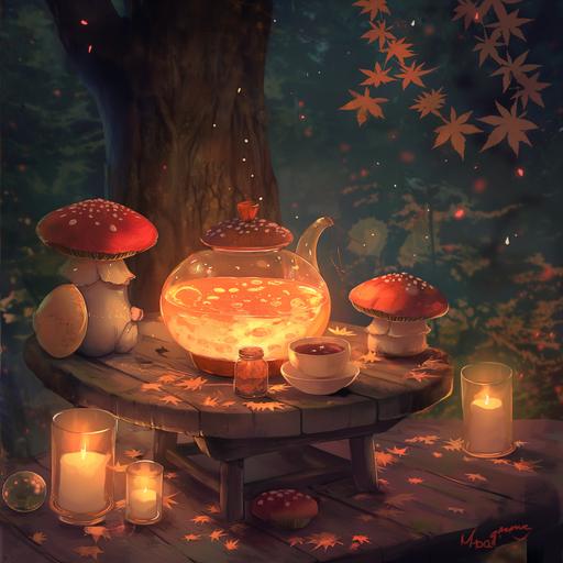 - [ ] Word of Kai's miraculous recovery spread quickly, attracting visitors from far and wide seeking Mei's guidance. Mei generously shared the elixir made from Ganoderma mushrooms with all who sought healing, and soon the village became known as a sanctuary of health and vitality. Dark background --v 6.0