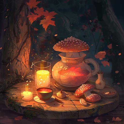 - [ ] Word of Kai's miraculous recovery spread quickly, attracting visitors from far and wide seeking Mei's guidance. Mei generously shared the elixir made from Ganoderma mushrooms with all who sought healing, and soon the village became known as a sanctuary of health and vitality. Dark background --v 6.0