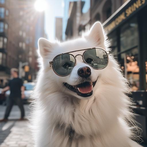 a detailed picture of white pomsky dog, wearing glasses, in an city environment
