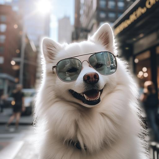 a detailed picture of white pomsky dog, wearing glasses, in an city environment