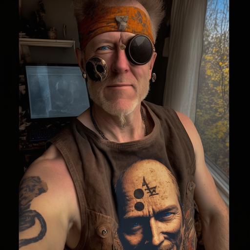 Mountain Man, Bear Tattoo, Pirate Eye Patch, pointing at the camera, scars, Moonshiner Tattoo, mud, sneer, dramatic lighting, --v 4