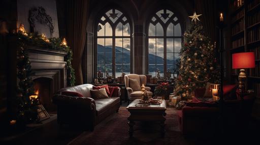 cozy gothic library with christmas decorations, realistic fireplace with wreath and candles on top, hyper detailed plush lounge with cushions, coffee table with coffee and books, large gothic window, vista of Switzerland town village at night, image is captured using a Leica M6 film camera with 35mm film, and the lighting is set during the golden hour for a warm and inviting glow, --ar 16:9