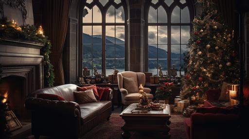 cozy gothic library with christmas decorations, realistic fireplace with wreath and candles on top, hyper detailed plush lounge with cushions, coffee table with coffee and books, large gothic window, vista of Switzerland town village at night, image is captured using a Leica M6 film camera with 35mm film, and the lighting is set during the golden hour for a warm and inviting glow, --ar 16:9