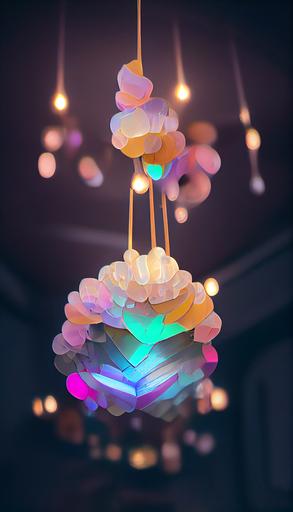 🍱 🍯 🧁 iridescent paper chandelier hanging over the dinner table in a 26th century home, hypermaximalist, neon, gossamer, pixarian, lens flare, gourmetpunk, laserpunk, futuristic, Volumetric Scattering, Vray render, 8k --s 12000 --c 60 --ar 9:16 --upbeta