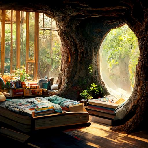 Peaceful and comfy room in a huge tree hole, books, bookshelf, brook, sunlight, meticulous, clear details, perspective