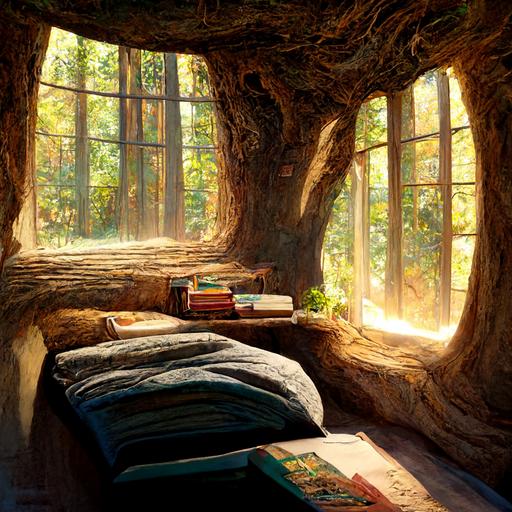Peaceful and comfy room in a huge tree hole, books, bookshelf, brook, sunlight, meticulous, clear details, perspective