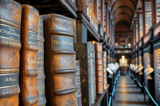 An ancient library with towering bookshelves, in a macro shot that focuses on an antique book's spine, the title written is 