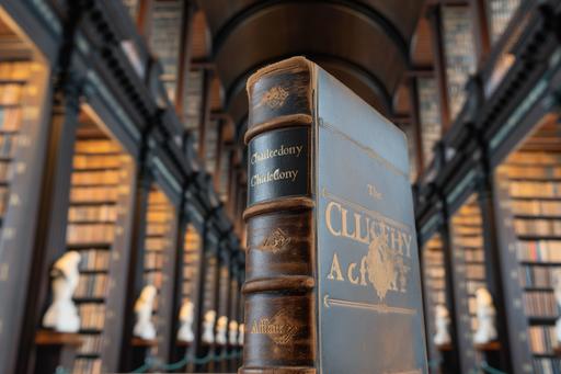 An ancient library with towering bookshelves, in a macro shot that focuses on an antique book's spine, the title written is 