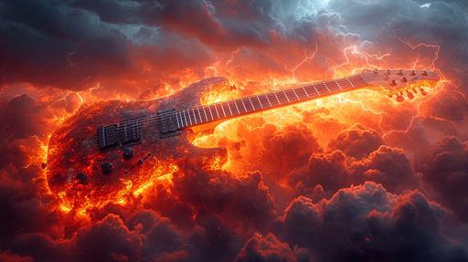 Electric guitar made of chalcedony, Lightning coming down from the sky to strike the guitar, red to orange gradient --v 6.0 --c 18 --s 796 --ar 16:9 --style raw