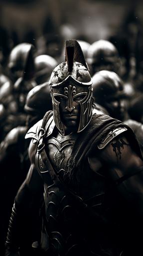 Grey Scale, cinematic, frontal extreme long shot, of a Roman Gladiator wearing a helmet, surrounded by enemies, he has no fear in his eyes, ready for battle, setting is the center of the coliseum, with the specators in the stands as the backdrop of the image, dynamic motion of the combat between the warriors captured, --ar 9:16