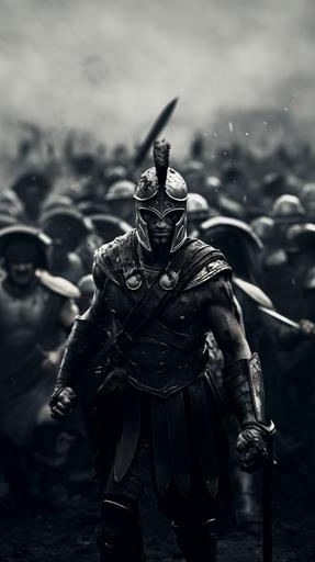 Grey Scale, cinematic, frontal long shot, of a Roman Gladiator wearing a helmet in combat, surrounded by enemies, he has no fear, setting is the center of the coliseum, with the specators in the stands as the backdrop of the image, dynamic motion of the combat between the warriors captured, --ar 9:16
