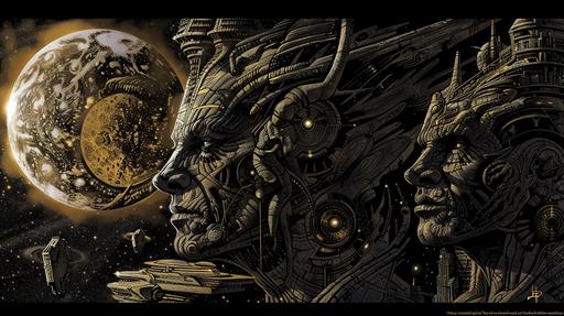High Tyrant of the Nemesis Sun, space opera, heavy metal album art, style of hr giger, style of jack kirby, full color, --ar 16:9 --style raw --v 6.0