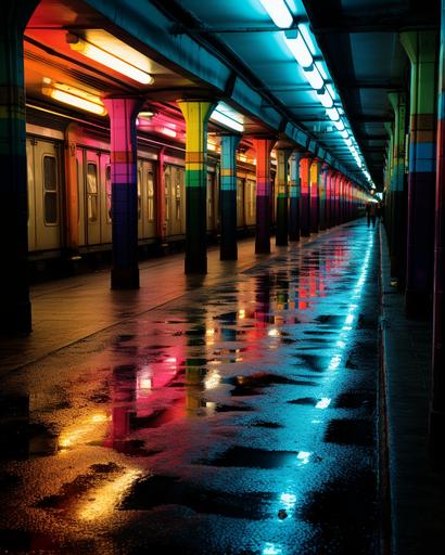 Photograph of a cavernous underground tunnel system stretching 1000 feet in length. The ground is slightly wet with some puddles of water reflecting the surroundings. Intense depth and perspective are emphasized by the tunnel's vanishing point. Ornate vibrant red blue gold teal stained glass windows line the walls, allowing streams of sunlight to filter through and illuminate the floor. Majestic columns made of pristine white marble stand tall, providing structural hypostyle support. The scene is shot with an extreme wide-angle lens, capturing the intricate details of the cavern, showcasing an intense level of photographic detail, reminiscent of a cinematic still. --ar 4:5 --c 20