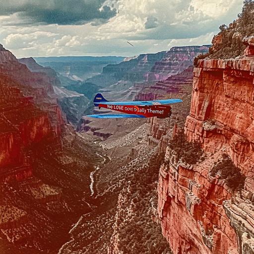 The expansive Grand Canyon sunset lighting, photonegative refractograph red and blue banner saying 