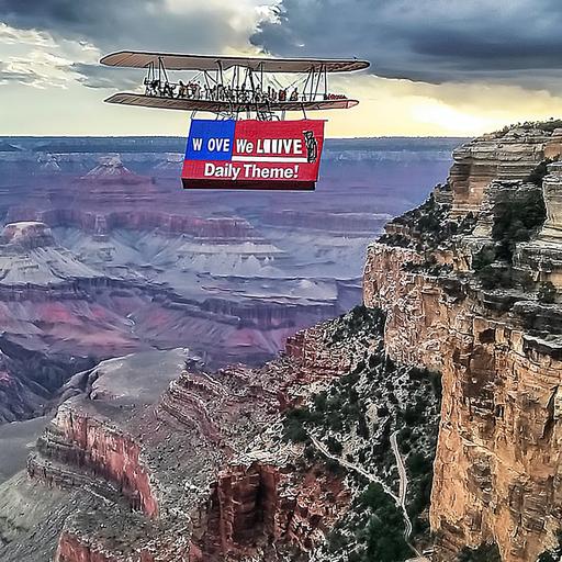 The expansive Grand Canyon sunset lighting, photonegative refractograph red and blue banner saying 