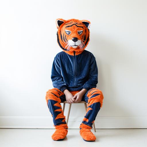 a DIY homemade tiger halloween costume for an adult, orange & navy blue theme, studio shot, white background