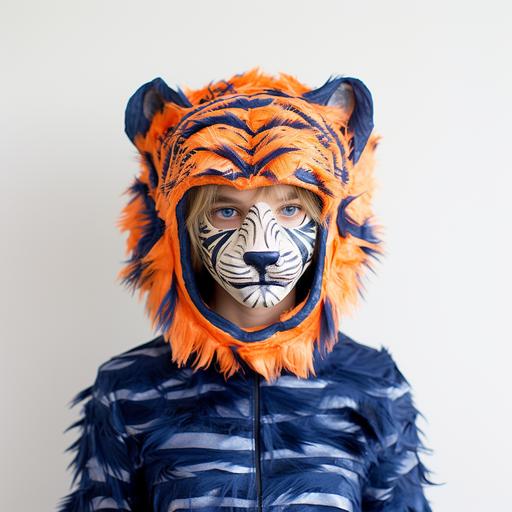 a DIY homemade tiger halloween costume, orange & navy blue theme, studio shot, white background