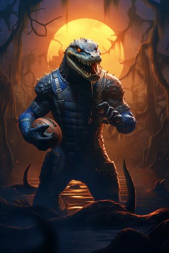 a cartoon gator holding an American football in a swamp, blue & orange theme, a detailed matte painting by Dave Arredondo, fantasy art, ultarealistik, 8k, HDR, sunset, cinematic --ar 2:3