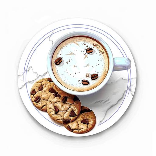 a cup of coffee and cookies on a plate, a digital rendering by Cicely Hey, shutterstock, happening, stockphoto, white background, skeuomorphic sticker