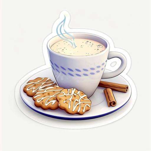 a cup of coffee and cookies on a plate, a digital rendering by Cicely Hey, shutterstock, happening, stockphoto, white background, skeuomorphic sticker