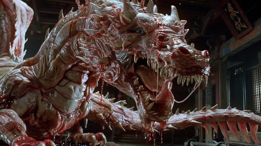 a loong dragon of raw slimey meat, hungry meat, angry meat, evil meat, 80s cinema, --ar 16:9 --v 6.0