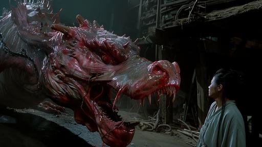 a loong dragon of raw slimey meat, hungry meat, angry meat, evil meat, 80s cinema, --ar 16:9 --v 6.0