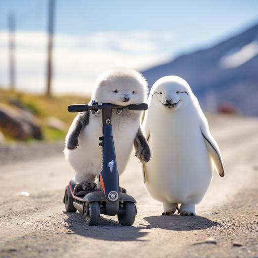 a penguin playing e-scooter with a samoyed in a stunning natural environment. The penguin looks really excited and the samoyed is a bit scared