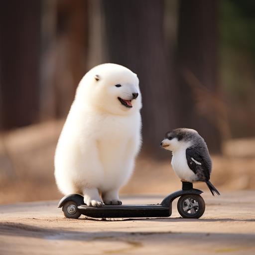 a penguin playing e-scooter with a samoyed in a stunning natural environment. The penguin looks really excited and the samoyed is a bit scared