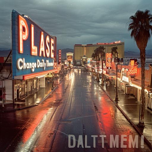 aerial shot 1979 Las Vegas, photonegative refractograph red and blue neon sign saying 