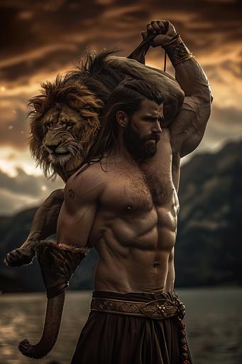 aerial shot Nikon D850 photograph, Gilgamesh wrestling with that lion of his, In the style of awesome photography, epic fantasy, rim lighting, caustics, colored smoke, mountain lake background --ar 2:3 --c 34 --s 48 --style raw --v 6.0