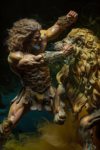 aerial shot Nikon D850 photograph, Gilgamesh wrestling with that lion of his, In the style of awesome photography, epic fantasy, rim lighting, caustics, colored smoke, mountain lake background --ar 2:3 --c 34 --s 34 --style raw --v 6.0