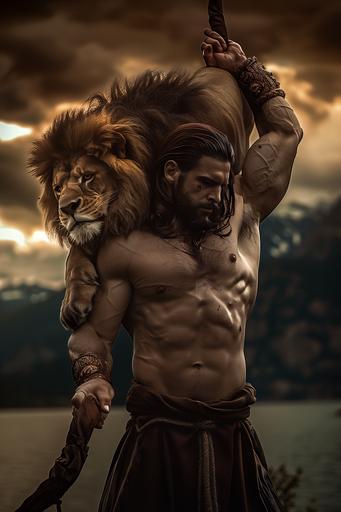 aerial shot Nikon D850 photograph, Gilgamesh wrestling with that lion of his, In the style of awesome photography, epic fantasy, rim lighting, caustics, colored smoke, mountain lake background --ar 2:3 --c 34 --s 48 --style raw --v 6.0