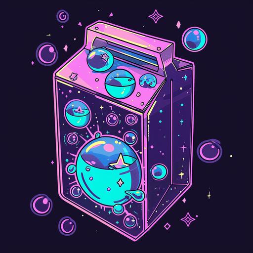 an image of a milk carton with bubbles and stars sticker, in the style of psychedelic manga, violet and aquamarine, #screenshotsaturday, cabincore, oshare kei, anime, dau-al-set
