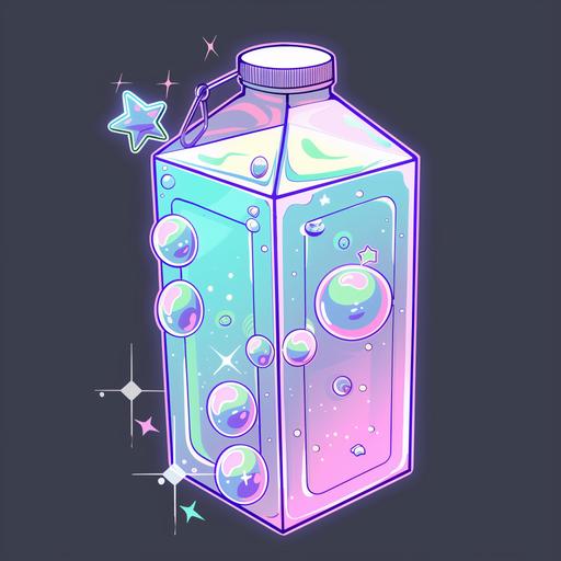 an image of a milk carton with bubbles and stars sticker, in the style of psychedelic manga, violet and aquamarine, #screenshotsaturday, cabincore, oshare kei, anime, dau-al-set --v 6.0