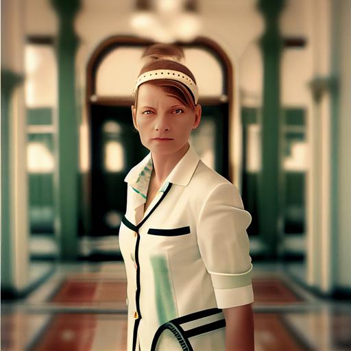 fashion photography, futuristic vintage polo-circus-tennis-uniform, background 1920 Grand Hotel Lobby, tilt shift --q 4 --upbeta --s 750 --q 2