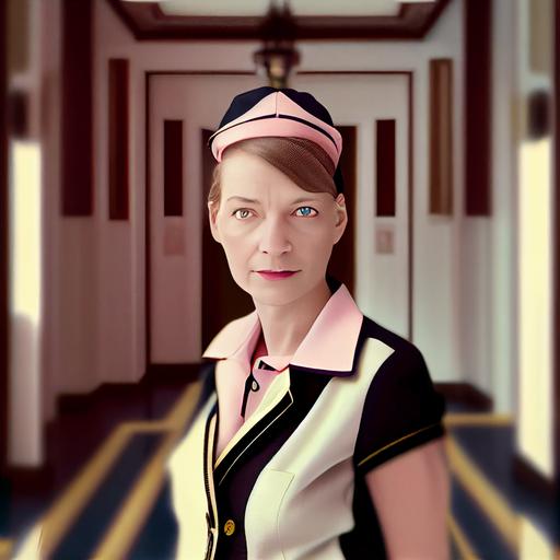 make uniform more fancy, pink accents,  fashion photography, futuristic vintage polo-circus-tennis-uniform, background 1920 Grand Hotel Lobby, tilt shift --q 4 --upbeta --s 750 --q 2