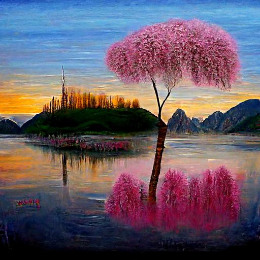 cinematic bob ross windy flowering pink willow tree forest with lake and mountain at sunset