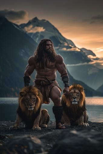 drone shot Nikon D850 photograph, Gilgamesh wrestling with those lions of his, In the style of awesome photography, epic fantasy, rim lighting, caustics, colored smoke, mountain lake background --ar 2:3 --c 34 --s 88 --style raw --v 6.0
