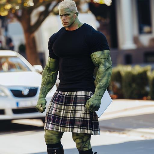 croched John Cena wrestler with green skin and face like hulk with a strong, muscular build, wearing a casual black T-shirt paired with a plaid black and white skirt. The individual has on dark stockings and is sporting black high heeled ankle ladies boots. John Cena appear to be walking with a focused expression, looking off to the side. The person is also holding what seems to be a white book The setting looks urban, with a white car and a glimpse of street elements in the background. --v 6.0