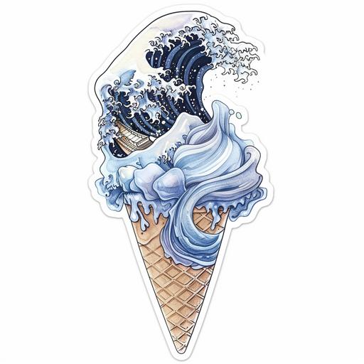 ice cream cone sticker with wave graphic, in the style of james jean, ominous vibe, light blue and navy, ink-washed, spiritcore, akira toriyama, emotional watercolors --v 6.0