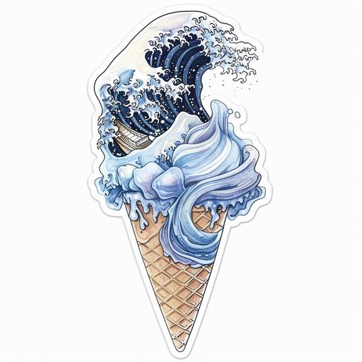 ice cream cone sticker with wave graphic, in the style of james jean, ominous vibe, light blue and navy, ink-washed, spiritcore, akira toriyama, emotional watercolors
