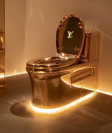 louis vuitton toilet and vanity at art space in manhattan, in the style of light gold and brown, atmosphere of dreamlike quality, made of rubber, rounded, money themed, multilayered, rim light --ar 27:32