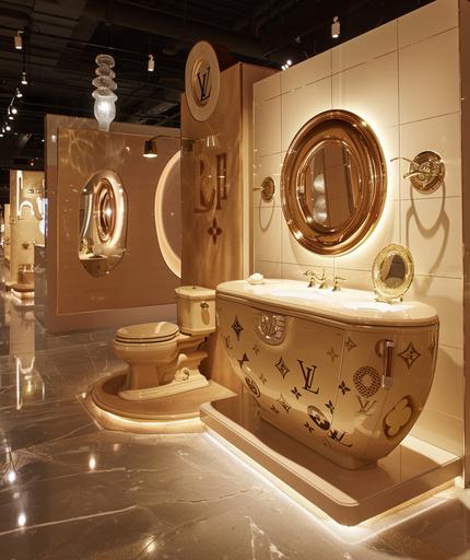 louis vuitton toilet and vanity at art space in manhattan, in the style of light gold and brown, atmosphere of dreamlike quality, made of rubber, rounded, money themed, multilayered, rim light --ar 27:32